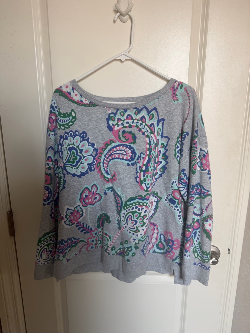 Talbots Gray Paisley Pullover with Pink, Green & Blue Accents
